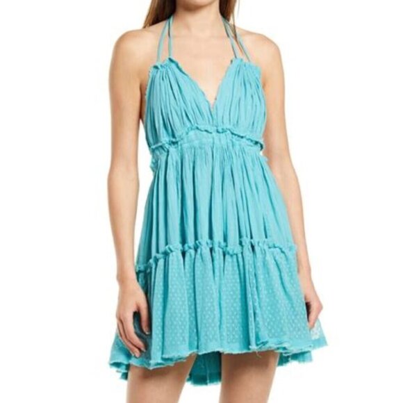 NWT Free People 100 Degree Mini Dress Boho Pool Blue Sz L - Picture 1 of 7